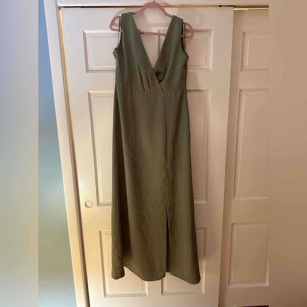 Anthropologie BHLDN Piper V-Neck Side-Slit Satin Gown MOSS